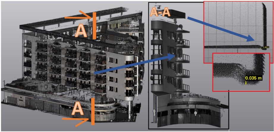 Przykład dokładności pomiaru gzymsu znajdującego się na wysokości 25m powyżej poziomu prowadzenia pomiarów z wykorzystaniem skanera 3D